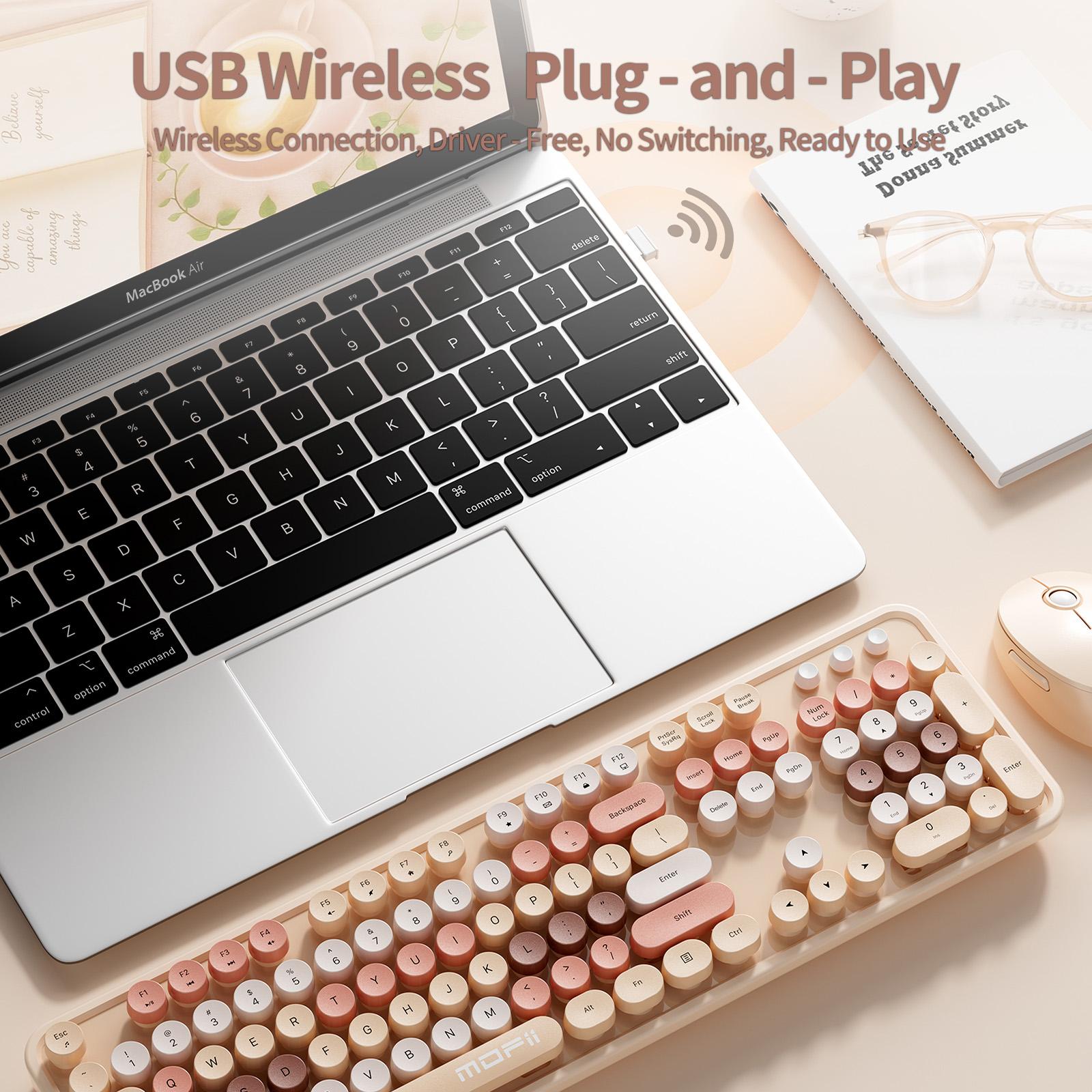 MOFii 1 Set Wireless Keyboard and Mouse Combo, Milk Tea Color Retro Round Keys, 2.4G Plug and Play Office Keyboard Mouse, Compatible with Laptop & Desktop, US Qwerty (Battery Not Included)