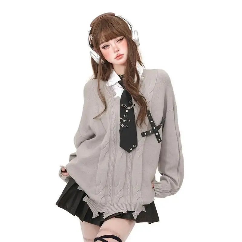 American Style Vintage Knitted Sweater Women Autumn Winter Harajuku Loose Long Sleeve Pullover Fashion Ladies Jumper