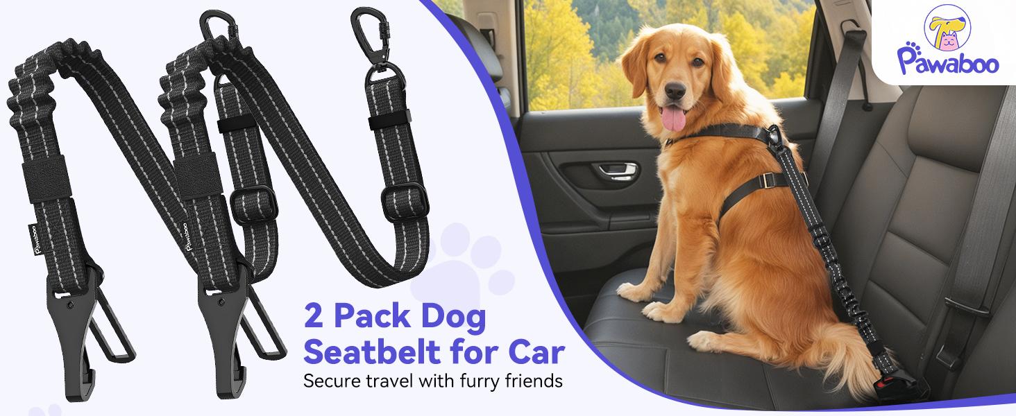 Pawaboo 2Pack Dog Seatbelt for Car, 3-in-1 Dog Car Seat Belt Bungee, Shockproof Dog Tether for Car with Buckle & Hook Latch, Adjustable Reflective Dog Car Harness Leash with 360° Lockable Buckle