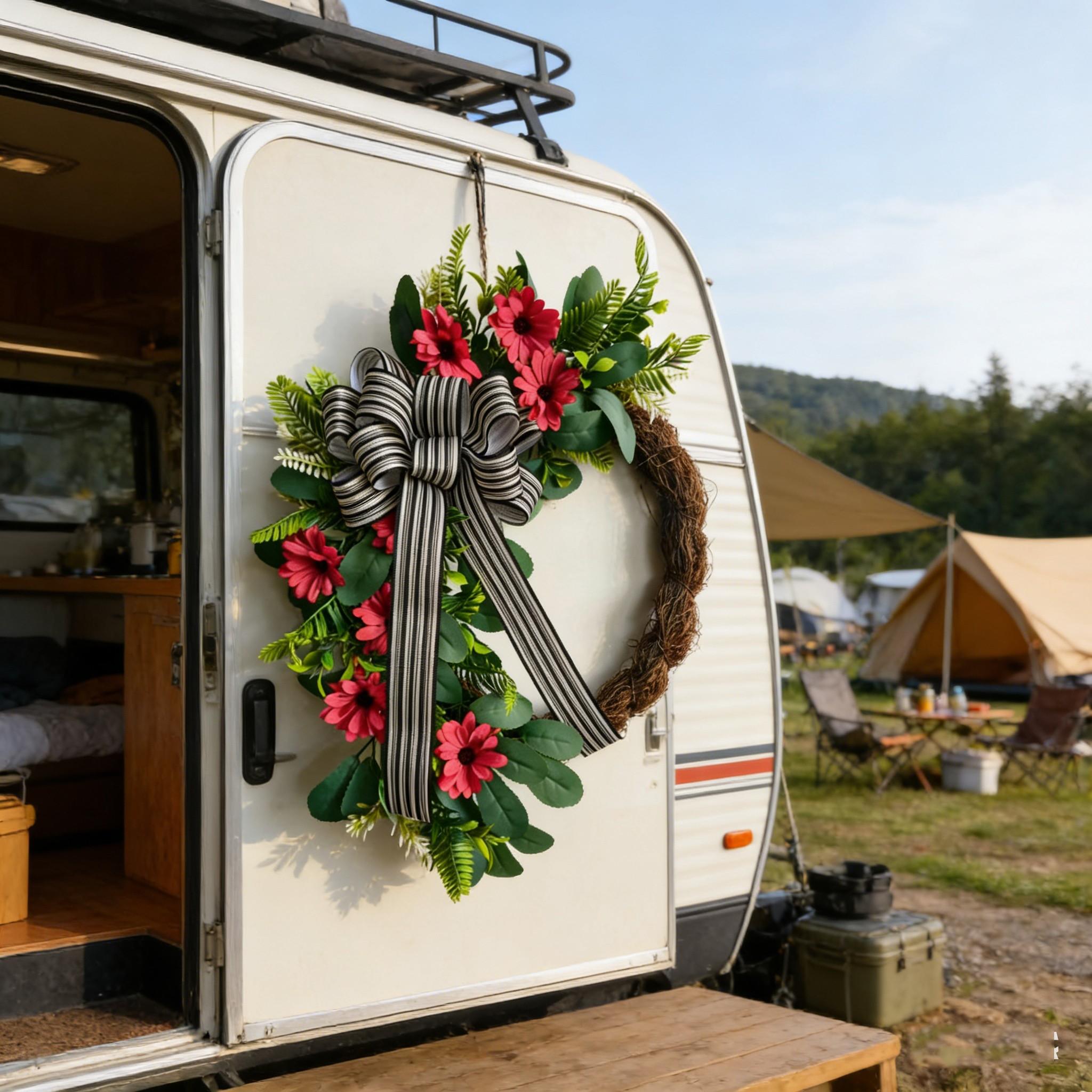 Vibrant Daisy Wreath with Lush Greenery and Striped Bow, Ideal for Porch and Entryway Decor, Perfect for Spring and Summer