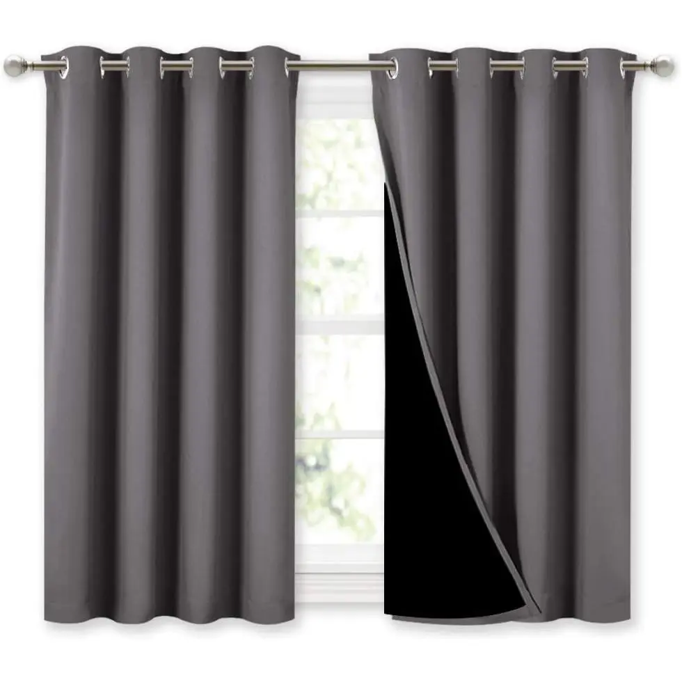 100% Blackout Curtains with Black Liners, Thermal Full Blackout 2-Layer Lined Curtains, Energy Efficiency Window Draperies for Dining Room (Grey, 2 Panels, 52-inch W by 4 L)