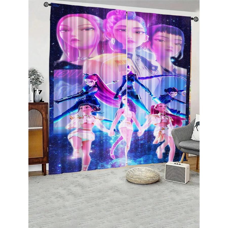 2-Piece Cartoon Print Blackout Curtains, Polyester Material, Easy to Clean, Suitable for Bedroom & Living Room, Fun Room Decor, Window Curtain