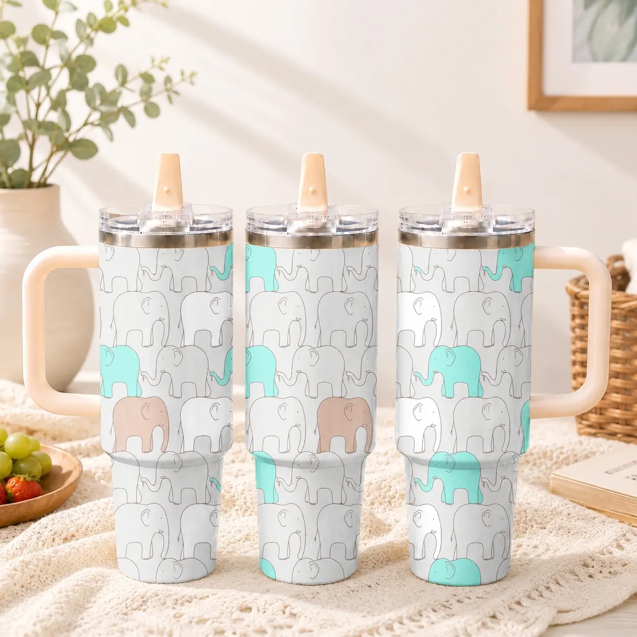 Cute Elephant Water Bottles 40oz Stainless Steel Insulated Tumbler with Handle & Flip Straw Lid, Leakproof Travel Cup for Water, Coffee & Daily Drinks, Fits Car Cup Holder for Gym, Office, Work & Travel