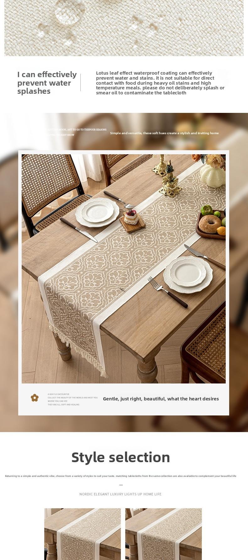 Nordic Style Waterproof Cotton Linen Table Runner, Jacquard Pattern with Tassel Trim, Dining Table Decor