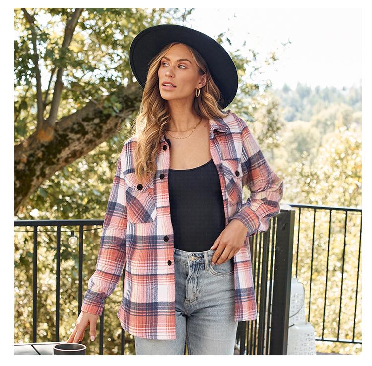 AUTOMET Womens Flannel Shacket Casual Jacket Plaid Button Down Long Sleeve Shirt Fall Winter Outfits pocket casual fabric