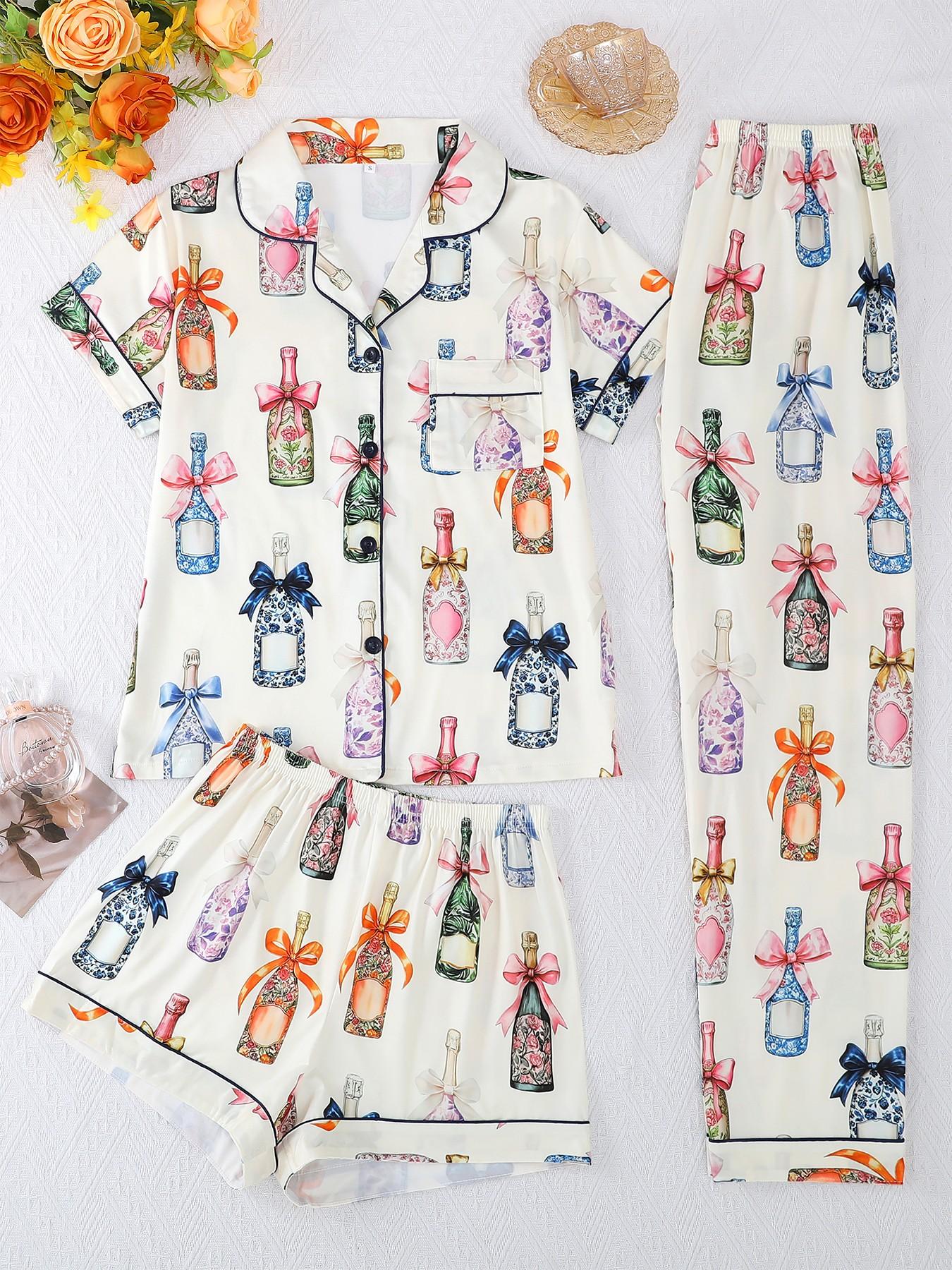 Three Pieces Pajama Set, Casual Women's Sleepwear, Cartoon Print, Fitted, All Seasons, Short Sleeve Top and Comfortable Pants