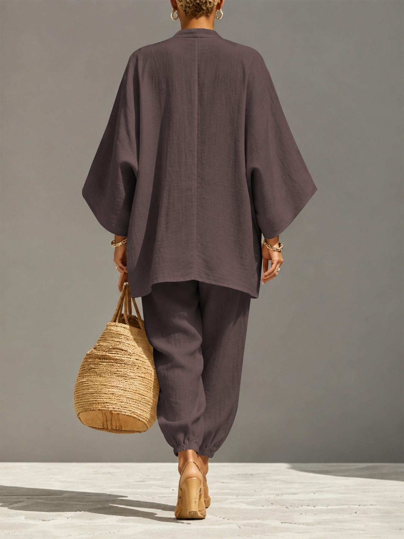 Women's Oversized Light Linen-Look 2-Piece Set, Batwing Long Sleeve Blouse Top & Drawstring Pants, Comfy Casual Style for Travel & Vacation