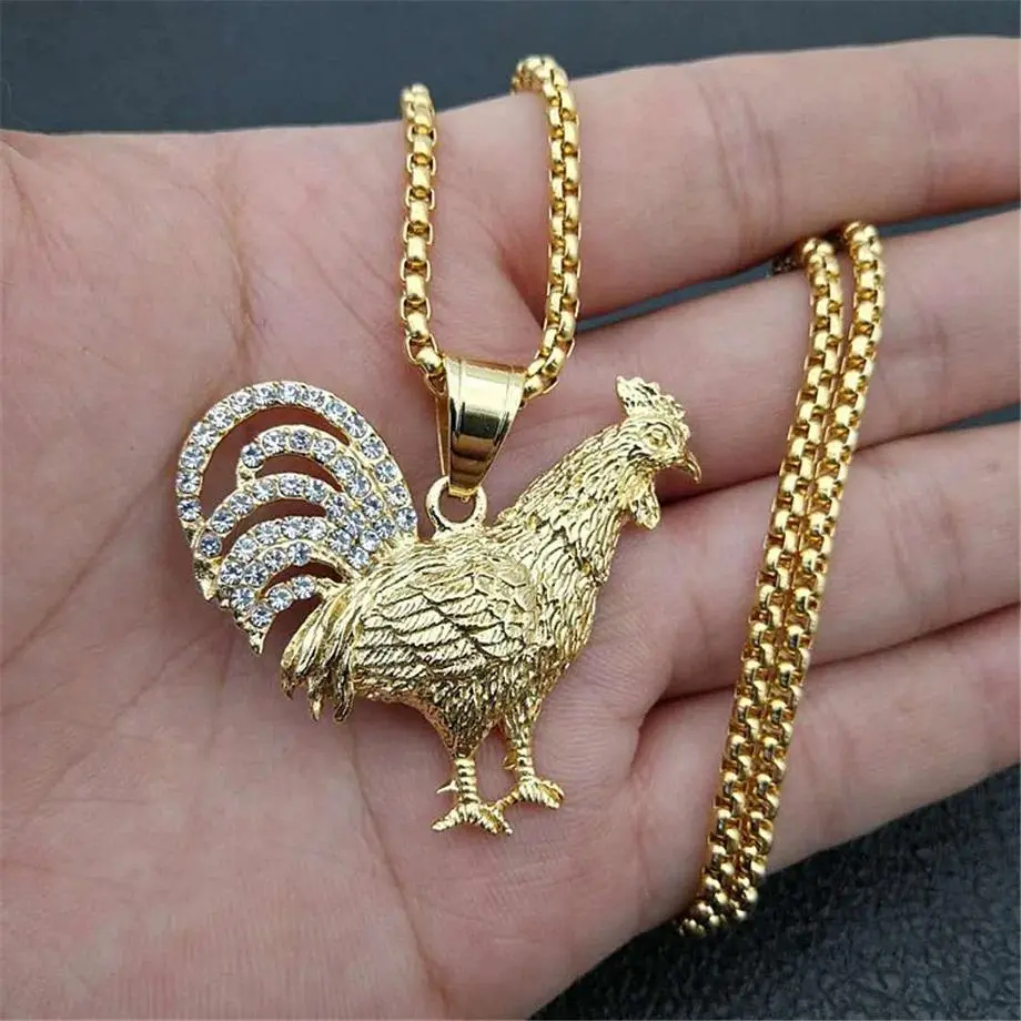 Unisex Gold Stainless Steel Hip Hop Iced Out Bling Gallic Rooster Pendant Necklace - French Costume Fashion Jewelry Accessory, Gifts for Boyfriend