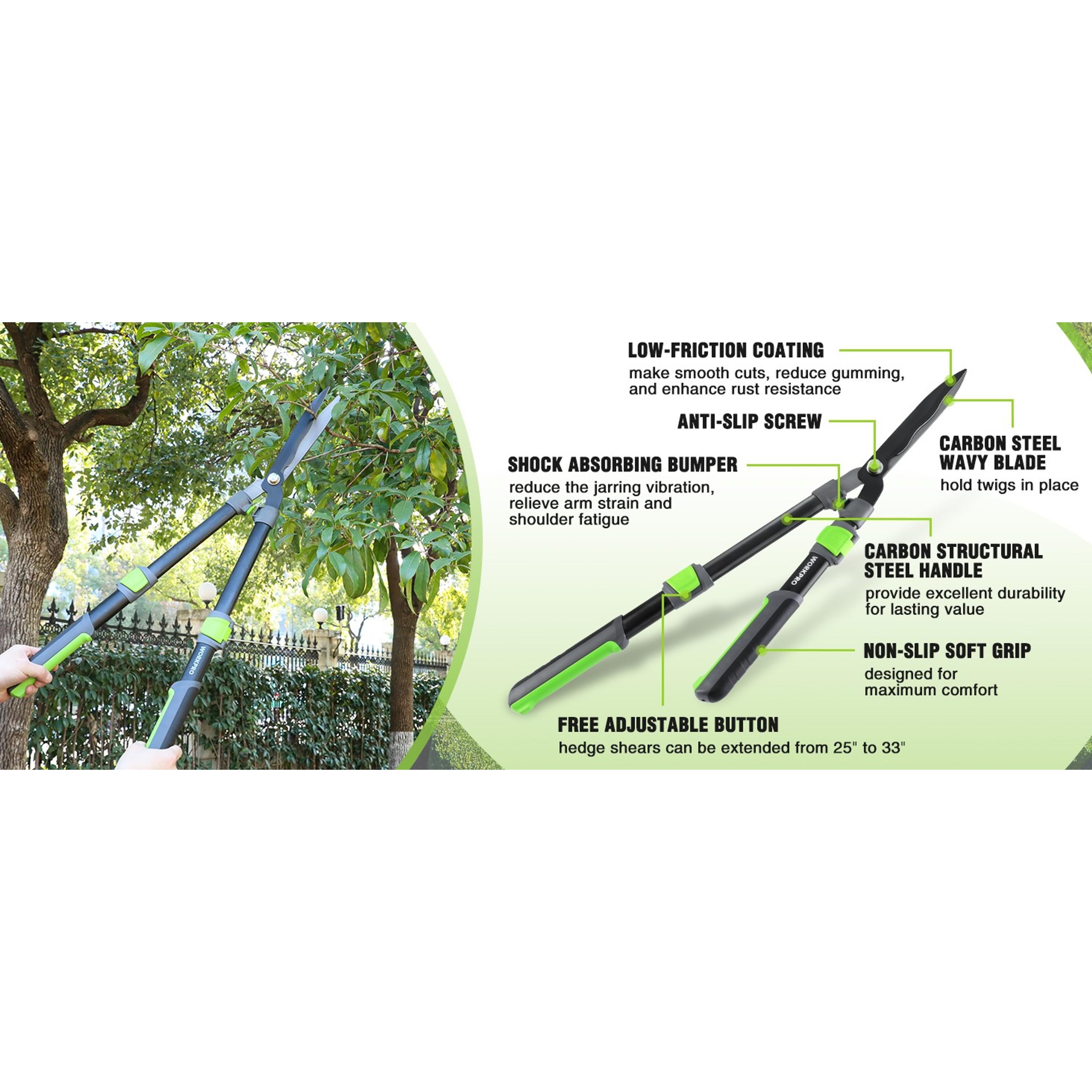 Extendable Hedge Shear, 25"-33" Manual Hedge Clipper/Bush Cutter | Gardening Shears with Steel Wavy Blade, Shock Absorbing Bumper, Ergonomic Handle for Pruning Borders & ShrubsGift