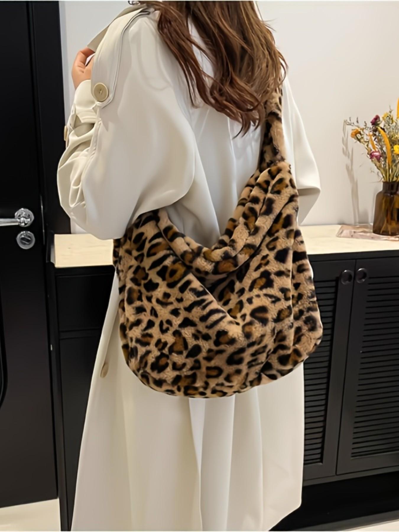 Women's Plush Colorblock Handbag, Trendy Shoulder Crossbody Bag, Leopard Print, Street Fashion Medium Soft Zipper Purse