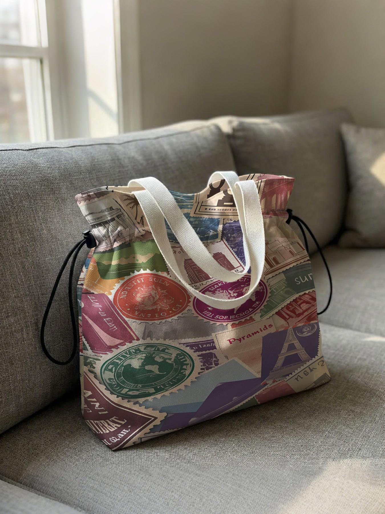 Stamp Pattern 2D Printed Drawstring Tote Bag, Large Capacity Shopping Bag, Commuter Tote Bag, Durable and Wear-Resistant, Random Print, All Seasons