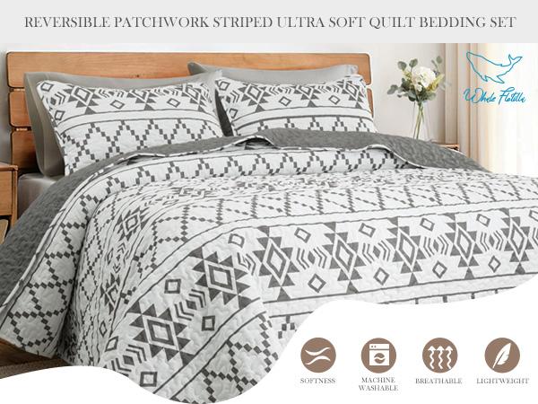 Whale Flotilla Reversible Ultra Soft Printed Quilts King Size, Lightweight Patchwork Geometric Stripes Bedspreads Coverlets Quilt Bedding Set with 2 Pillow Shams for All Seasons