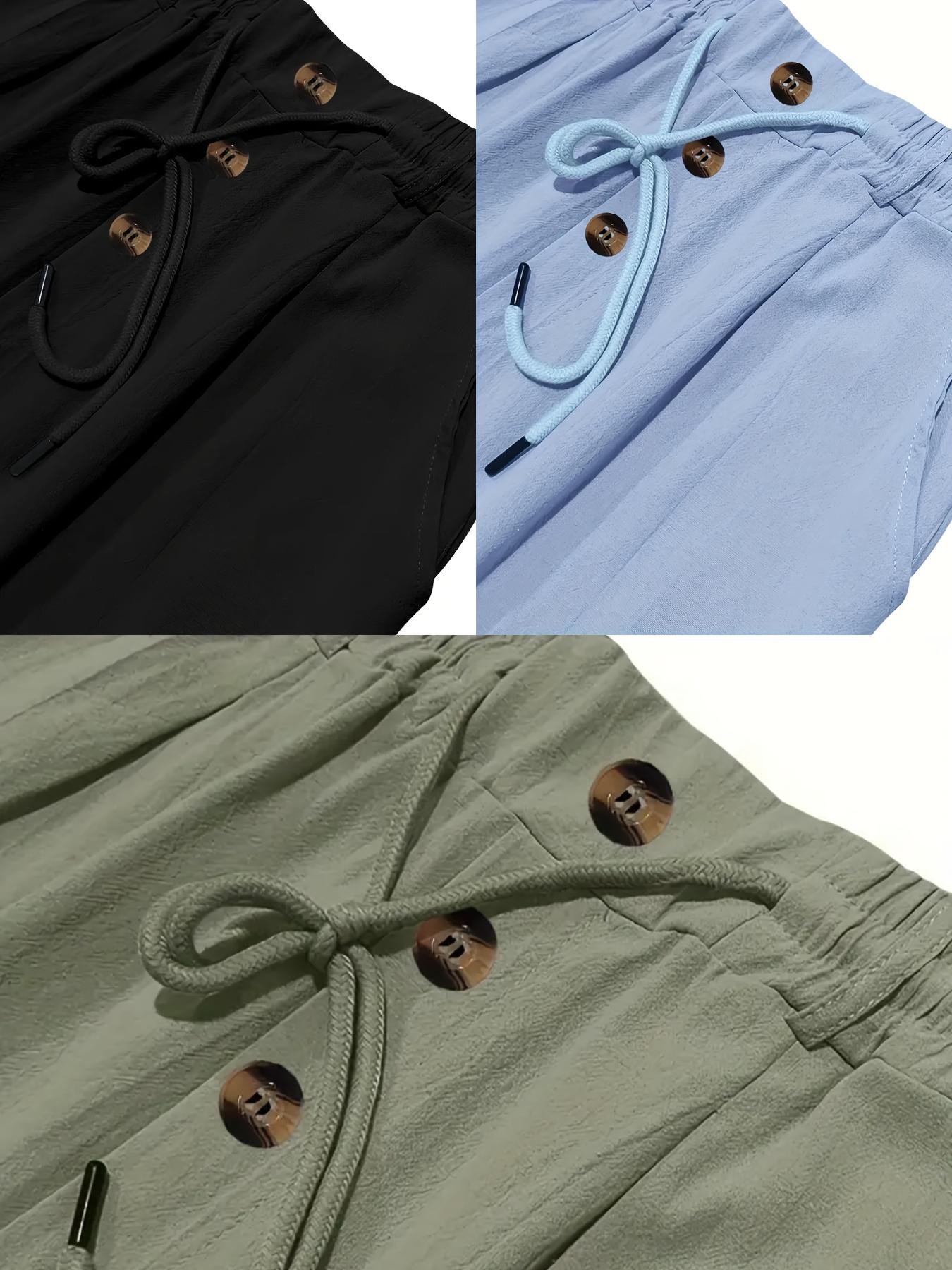 3 pieces of men's summer plain-color simple linen casual straight-leg trousers, Casual Solid Drawstring, beach-friendly lightweight breathable linen trousers, suitable for daily commuting and outdoor activities, vacations, beaches, Casual Fashion Pockets