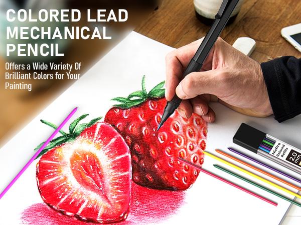 Nicpro Black Art Mechanical Pencil Set, 5Pack Metal Drafting 0.3, 0.5, 0.7, 0.9, 2mm Lead Holder (4B 2B HB 2H Colored) with 9 Refills Eraser Case