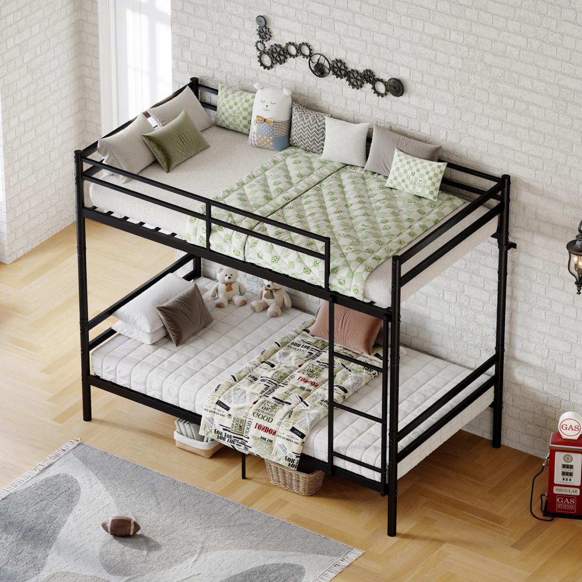 Twin Over Twin Metal Bunk Bed with Ladder and High Guardrail - Convertible Splittable Bunk Bed Frame with Under Bed Storage Space, Noise Free, BLACK
