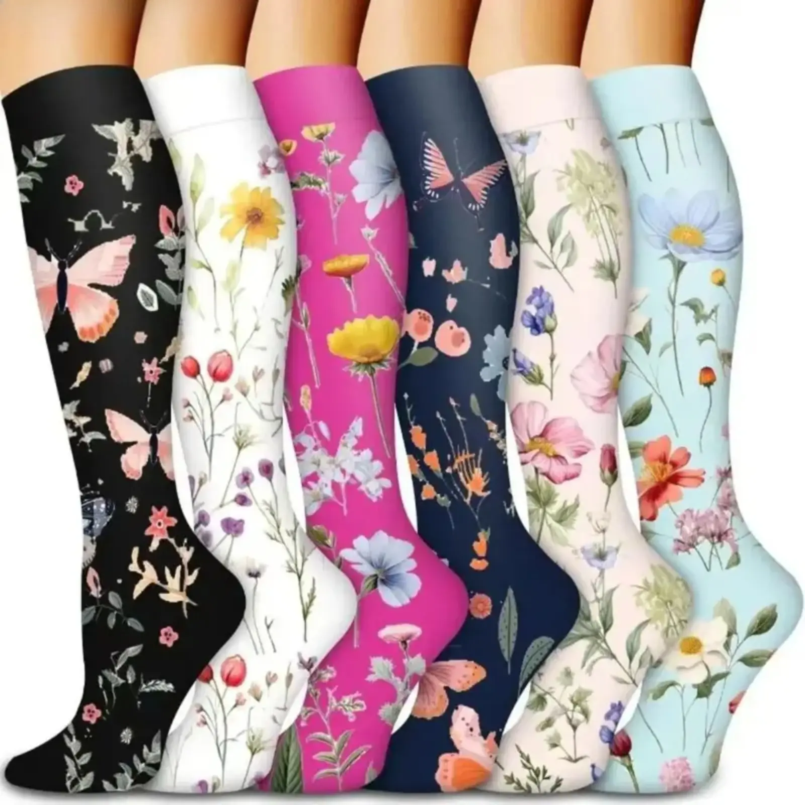 Women's 6-Pack Knee High Graduated Compression Sport Socks, Lightweight Breathable Quick Dry Athletic Stockings, Stretch Support Leg Socks, Comfort Compression Hosiery for Running, Gym Workout, Long Travel Flights & Daily Leg Fatigue Relief