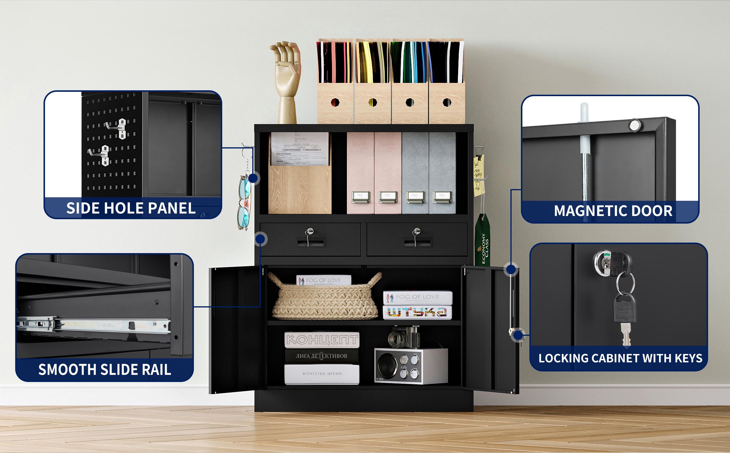 Yizosh Metal Storage Cabinet with 2 Drawers and Locking Doors,- 41.3" Steel Lockable Storage Cabinet with Shelves for Home Office,Garage,School (Black) Yizosh Metal Storage Cabinet with 2 Drawers and Locking Doors,- 41.3" Steel Lockable Storage Cabinet with Shelves for Home Office,Garage,School (Black)