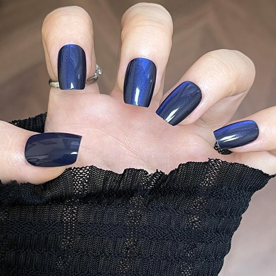 10 Pcs Short Ballet Press-On Nails, Solid Navy Cat Eye Glossy Nail Tips, Reusable with Jelly Glue and File, Perfect for Daily Use, Fake Nails, False Nail