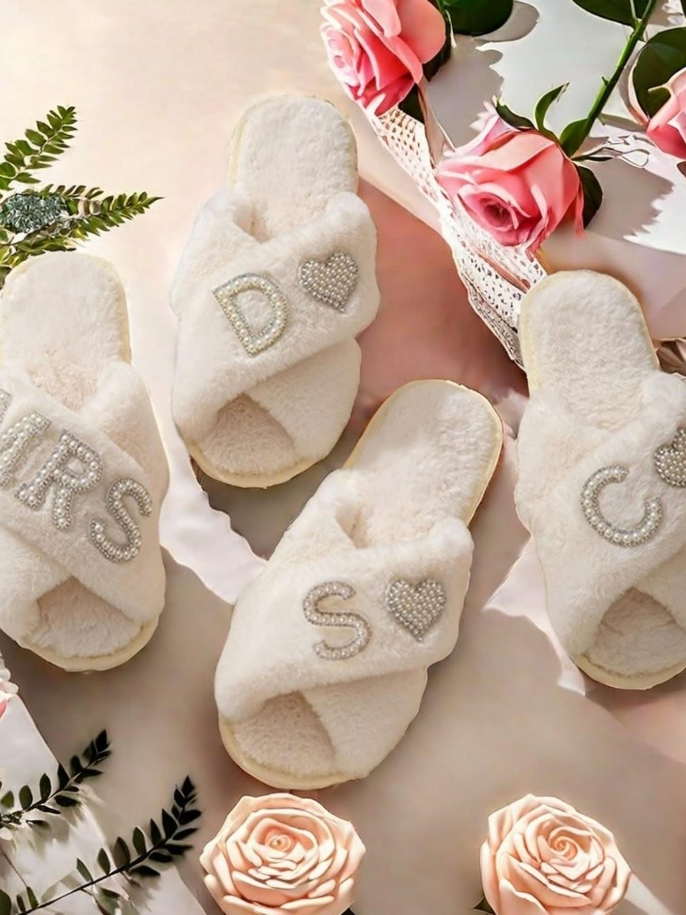 Customizable Wedding Slippers for Bride and Bridesmaids, Elegant X-Strap Fuzzy House Slippers with Pearls and Rhinestones, Casual Indoor Shoes