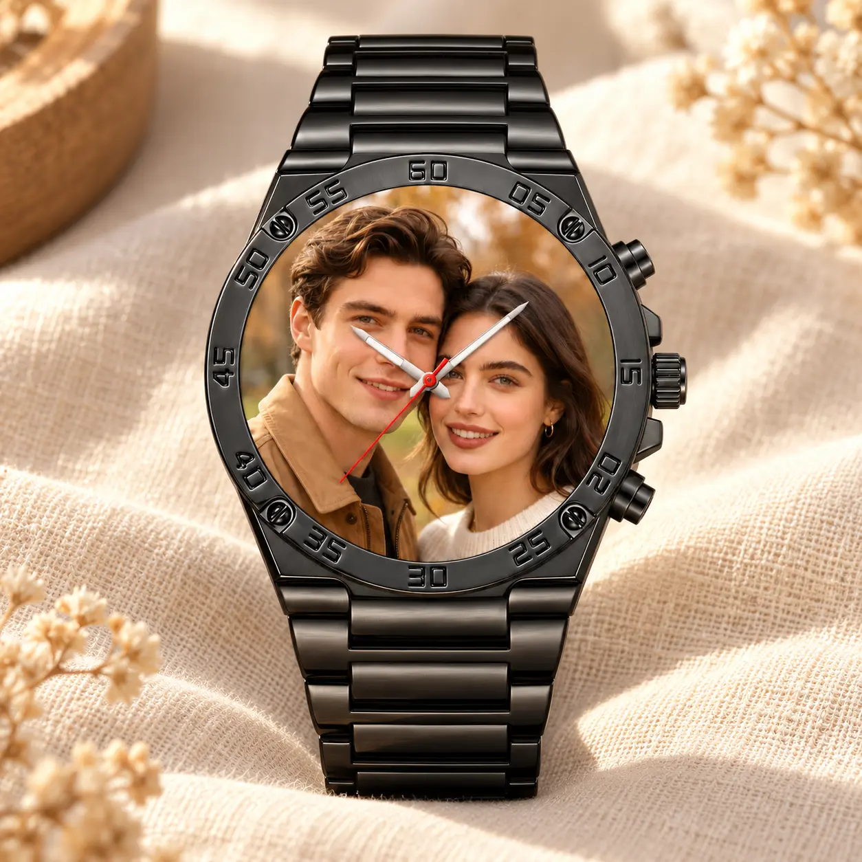 Personalized Photo Watch for Men, Custom Couple Picture Stainless Steel Wristwatch, Black or Silver Metal Band, Anniversary Birthday Gift for Him