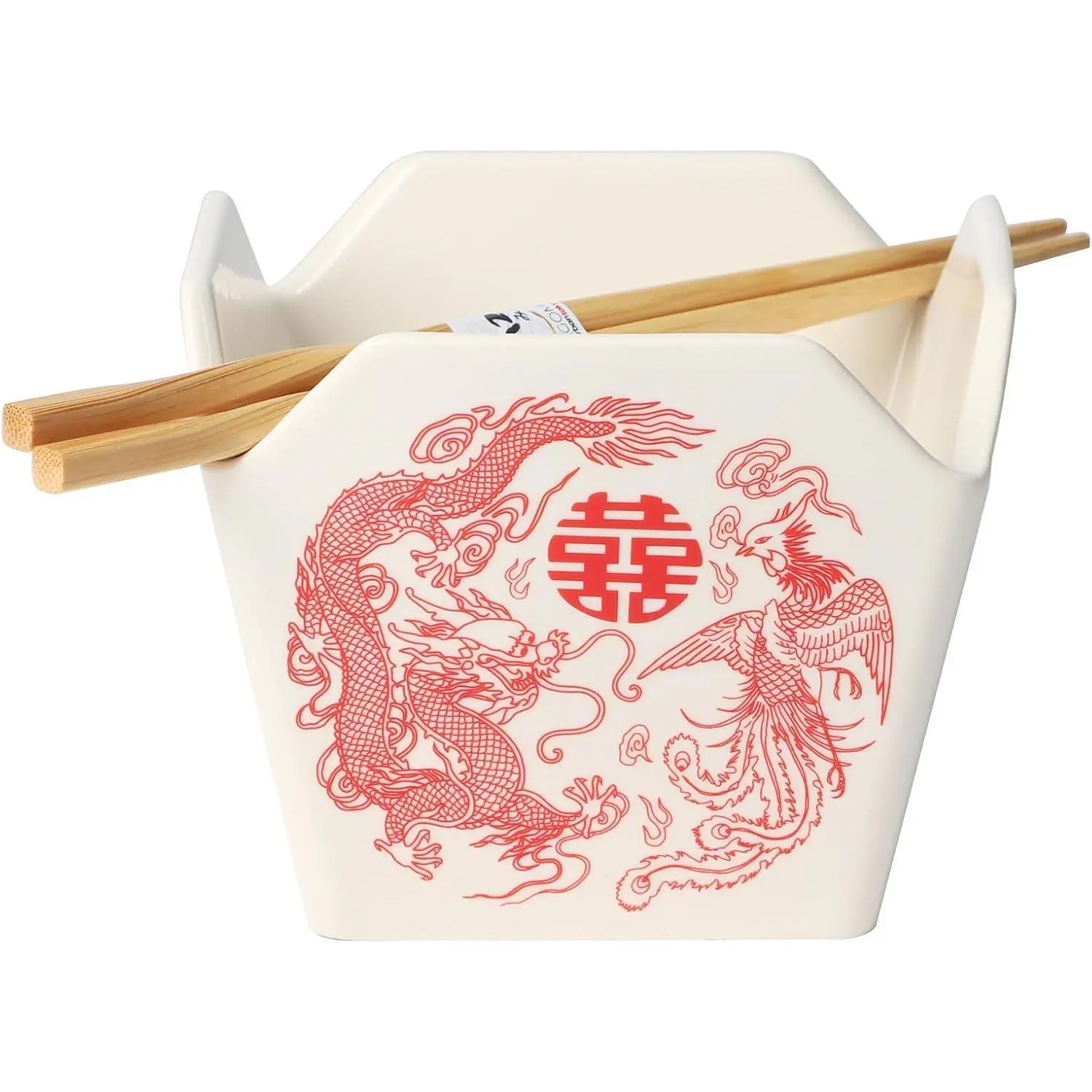 Chinese Takeout Box Style Porcelain Bowl With Chopsticks 18 fl oz Square Shape Rice Noodles Pasta Go Box Shaped Bowl Microwave Dishwasher Safe (Phoenix & Dragon)