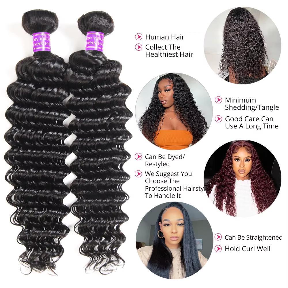 Brazilian Deep Wave Bundles With Closure Virgin Human Hair Bundles With Closure Quick Weave Extensions