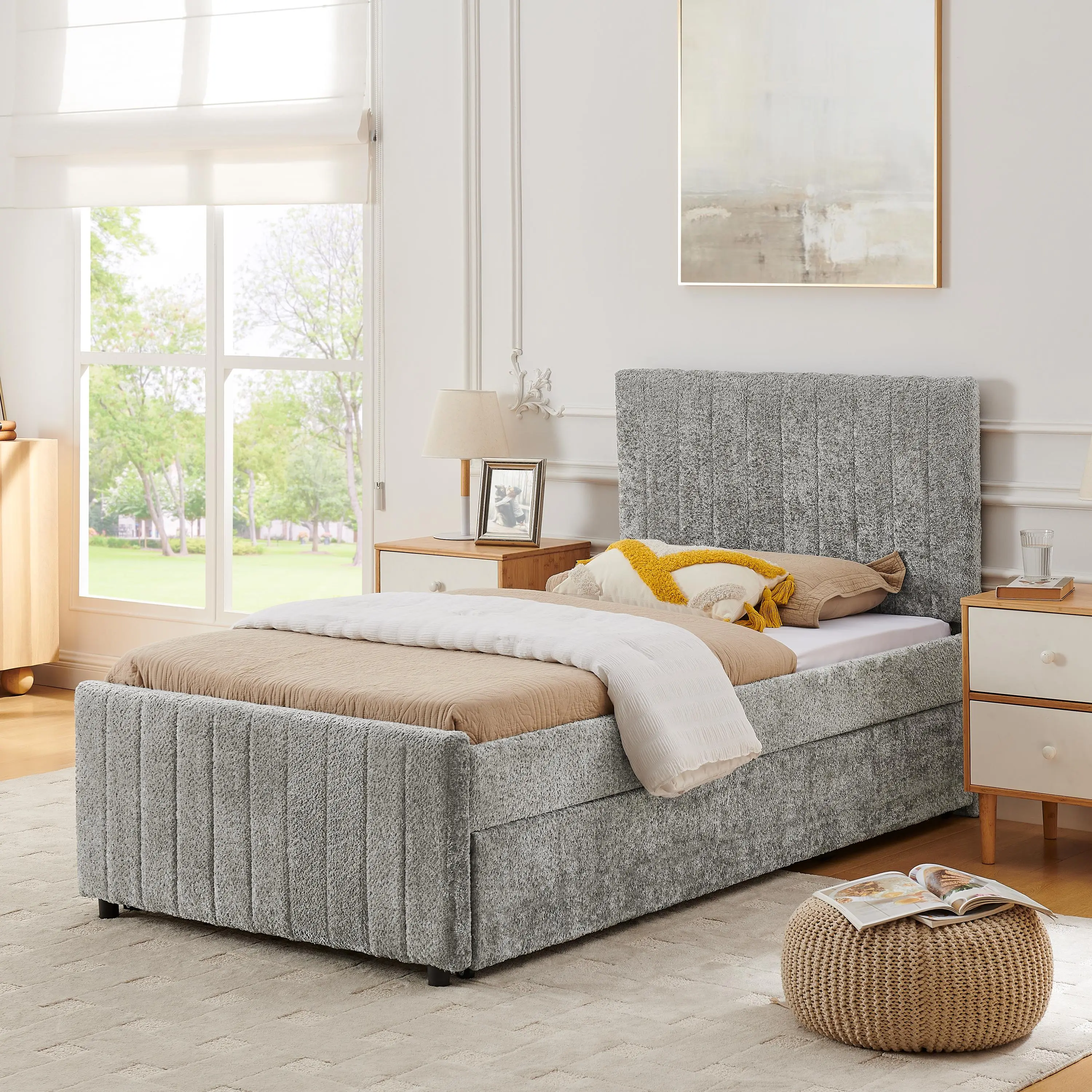 Twin Size Vertical Striped Chenille Upholstered Pull-Out Bed with High Padded Back and Hidden Trundle, Space-Saving Convertible Daybed for Bedroom and Guest Room