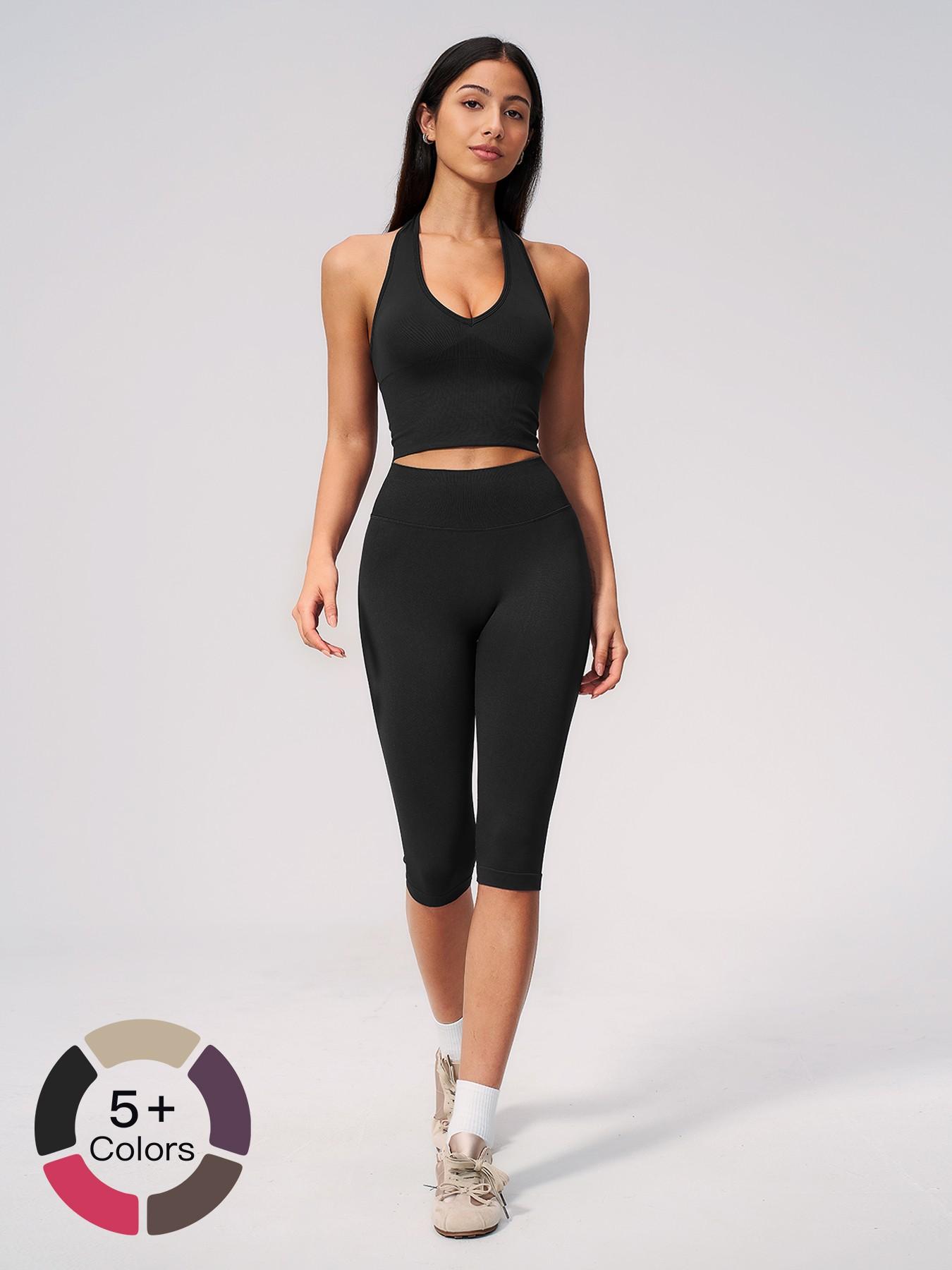 Women's New Ribbed Yoga Set, Shockproof High Stretch Activewear, Tummy Control Butt Lifter Tight Workout Outfit for Running, Training and Fitness, Seamless Yoga Sportswear