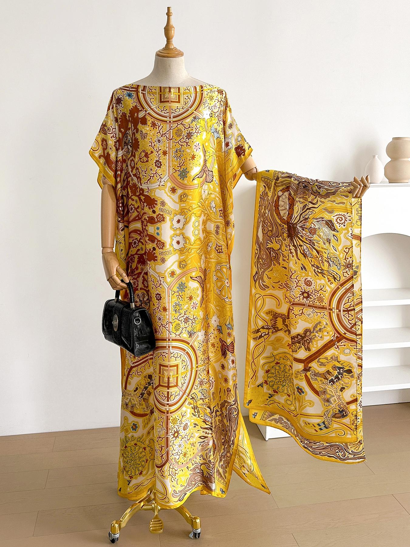 Women's Floral Print Long Dress & Scarf Set, Boho Casual Shawl Dress & Scarf Set for Beach Vacation Holiday, Ladies Clothes for All Seasons