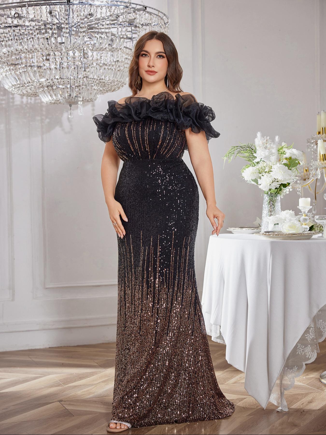 Off Shoulder Backless Adjustable Strap Fit Sequin Gradient Evening Dress, Sleeveless Party Gown, Random Cut Design, Elegant Woven Formal Wear