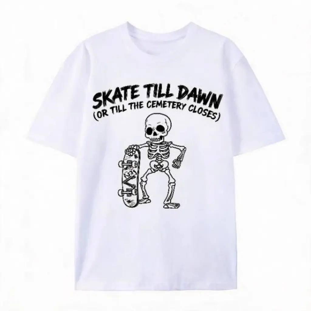 Skate Till Dawn Skeleton Skateboard Graphic Oversized Pure Cotton T-Shirt, Halloween Skater Comfort Fashion Outfit Tee, Best Halloween Valentine's Day Gift For Teen Streetwear Skateboard Lover Friends, Ideal Holiday Casual Top
