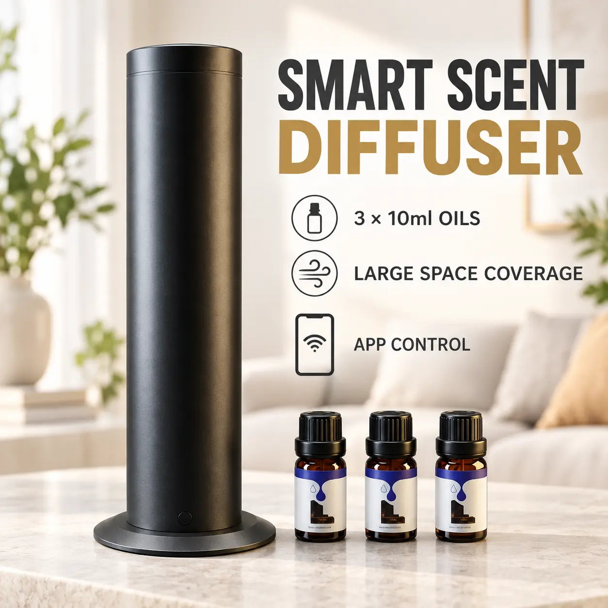 Luxury Smart Home Scent Diffuser with APP Remote Control, Stainless Steel Design and Three 10ml Fragrance Oils for Large Indoor Spaces up to 300m²