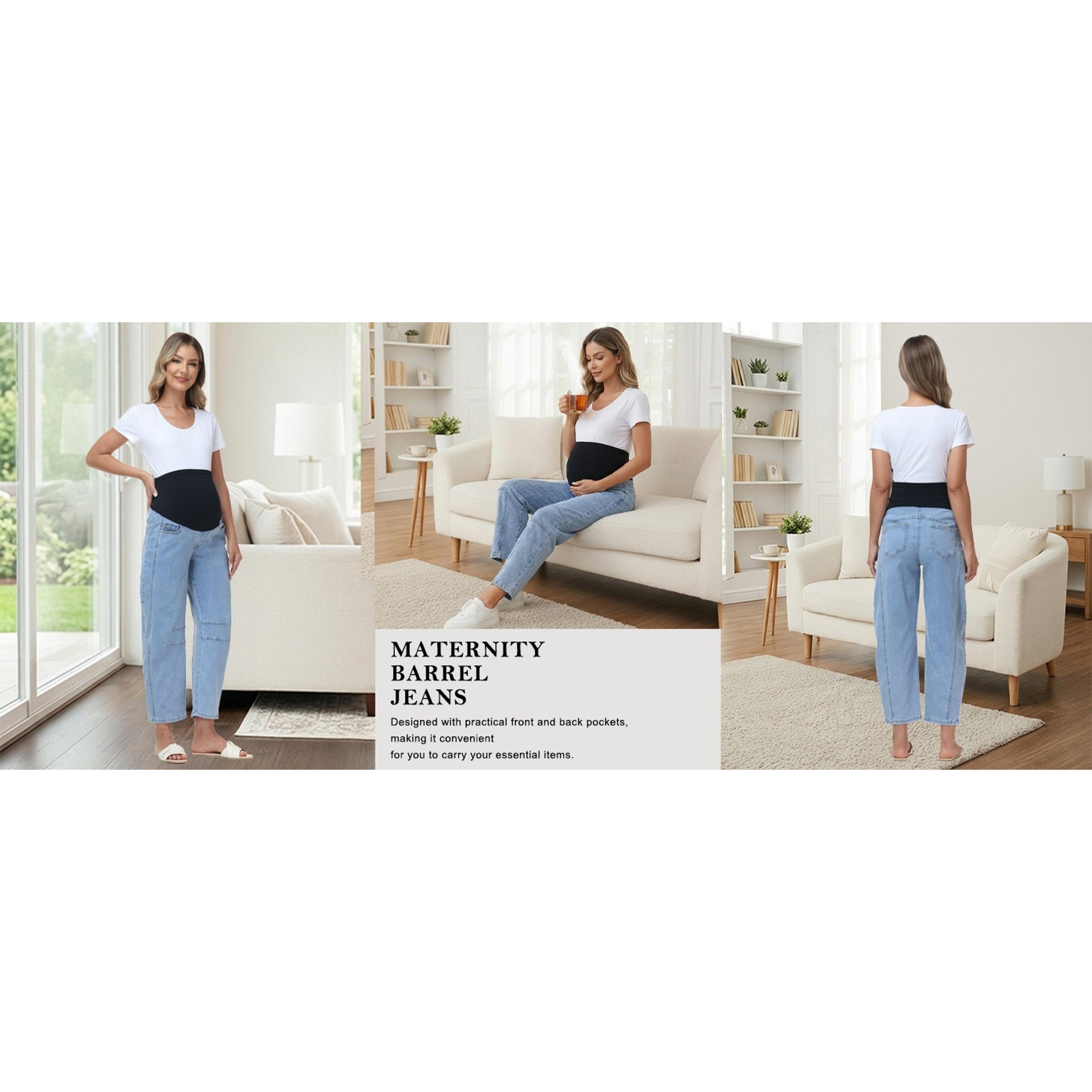 Maternity Barrel Jeans Wide Leg Denim Pants | Over Belly, Comfy Stretchy Fabric, Basic Pockets, Baggy Loose Jeans, Pregnancy Work Casual Pants, Maternity Clothes