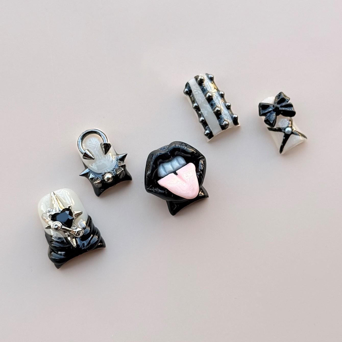 Y2K 10pc handmade press on nails Dark Gothic Rock style Prank-like black lips medium-length duckbill-shaped nail stickers, handmade, black French nail decorations with stud details. Suitable for women and girls, perfect for daily wear, attending concerts,