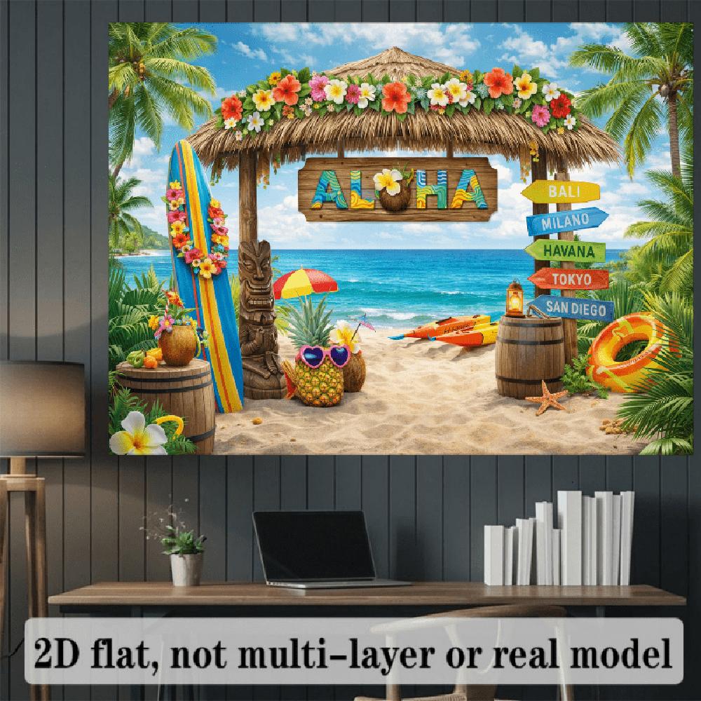 1PC 2D Flat Event Banner Backdrop, Hawaiian Tropical Beach Party Decor with Thatched Hut, Surfboard, Pineapple Elements, for Summer Festival & Birthday Events