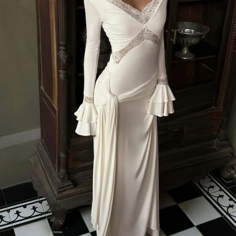 Women's Solid Contrast Lace Long Sleeve Ruched Ribbon Long Dress, Lace Trim V Neck Layered Flared Flounce Sleeves Lace-up Plain Slim Fit Maxi Dress, Ladies Spring Fall Winter Party Club Evening Date Long Dresses Outfit Formal Wear Cocktail Prom Gown