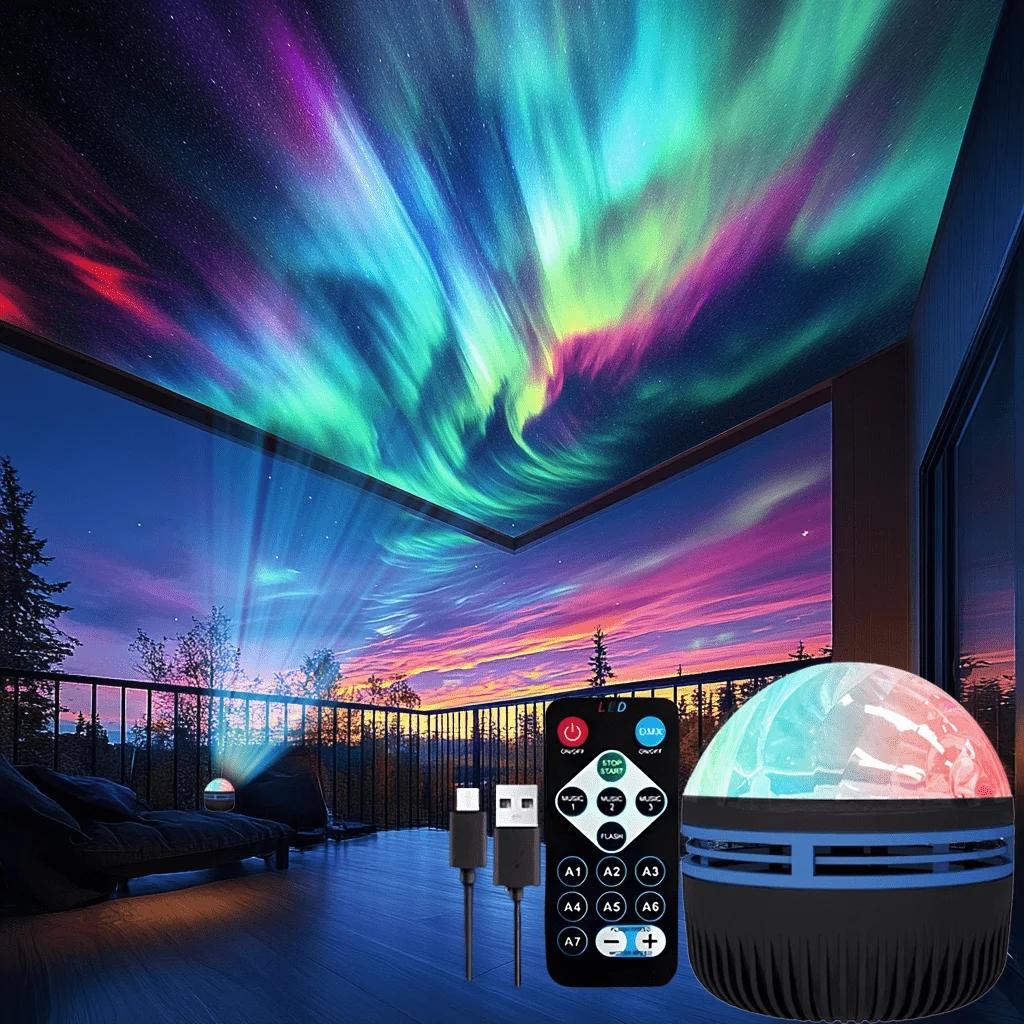 Aurora LED Projector, USB Powered Galaxy Starlight Lamp, Remote Control, Multi-Color, Home & Office Decor, Tabletop Installation
