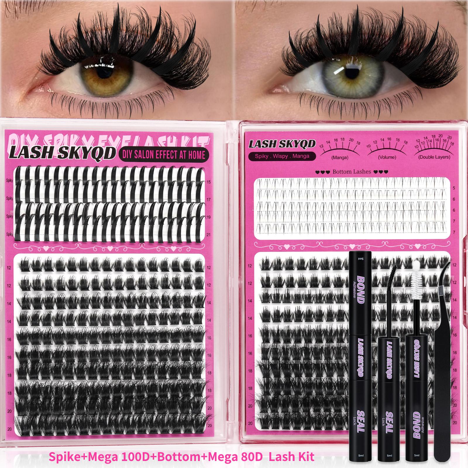 LASH SKYQD 472pcs 4 Styles D Curl False Eyelash Cluster Kit, Bottom/Spike/Mega 100D/Mega 80D Volume Lash Extensions Kit With Lash Bond and Seal Tweezers, Perfect for Beginners & Proficient, DIY at Home Easily, Easy Apply for Makeup Daily