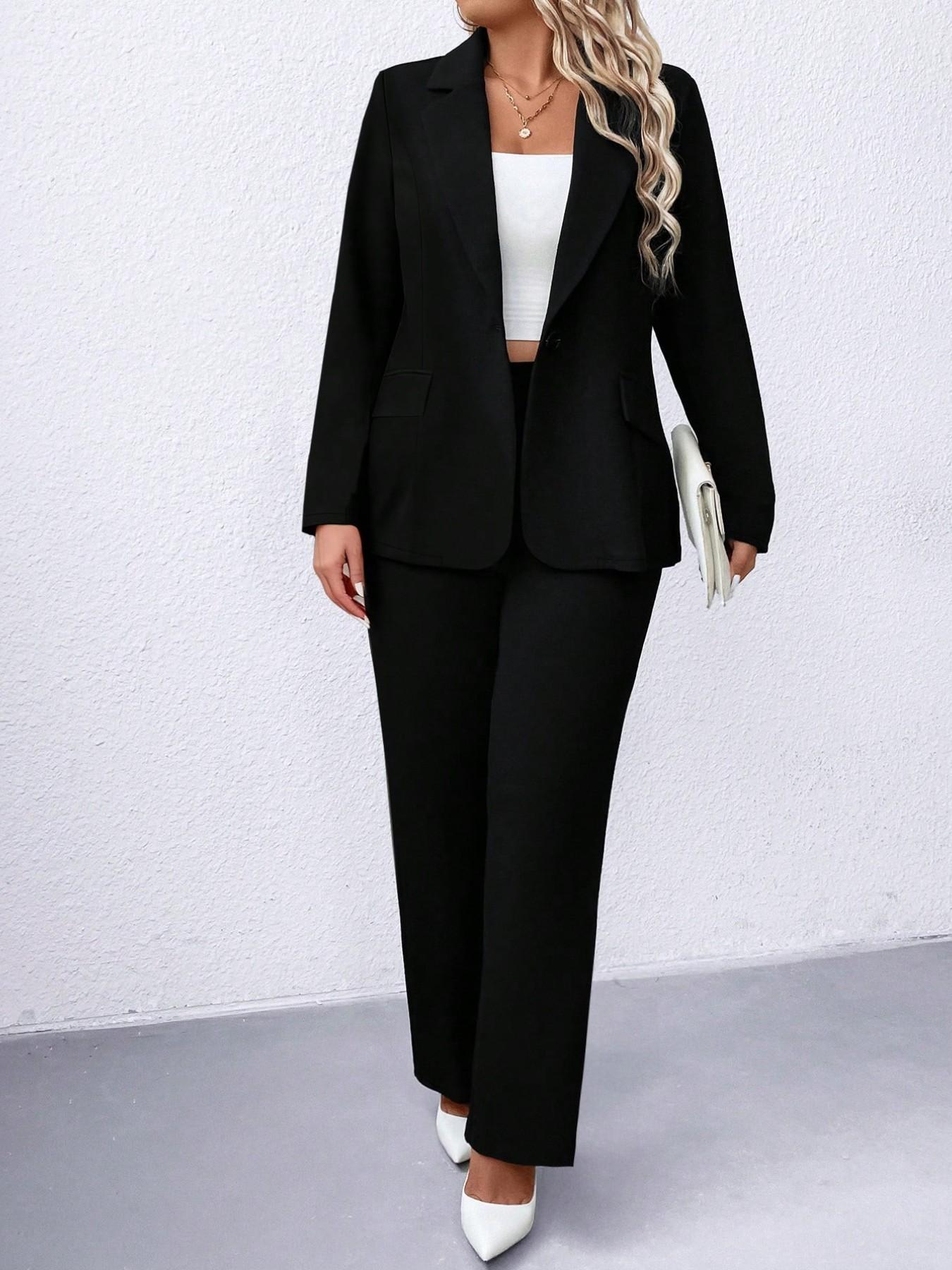 Plus Size Women's Suit Set Fit, Lapel Button Blazer + High Waist Wide Leg Pants, Stretchy Comfortable Fabric, Office Casual Style