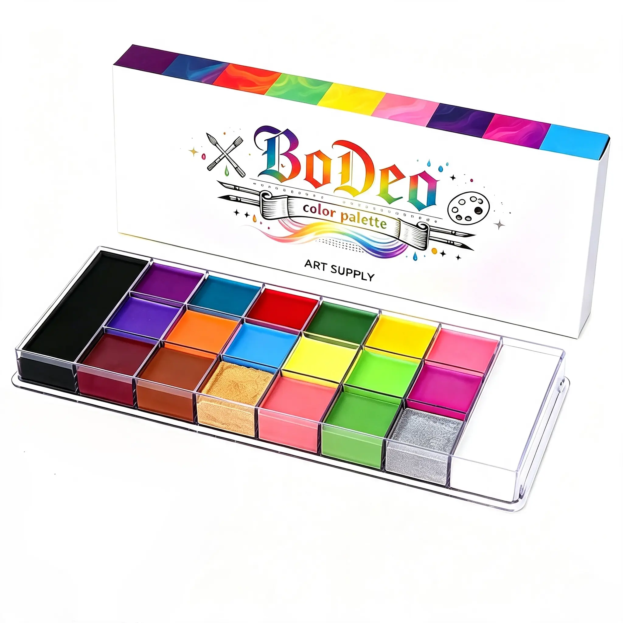 BODEO Athena Face Body Paint Oil Palette, 20 Colors Large Black White Professional Flash Tattoo Halloween SFX Party Artist Costume Festival Stage Cosplay Full Size Makeup Painting Kit