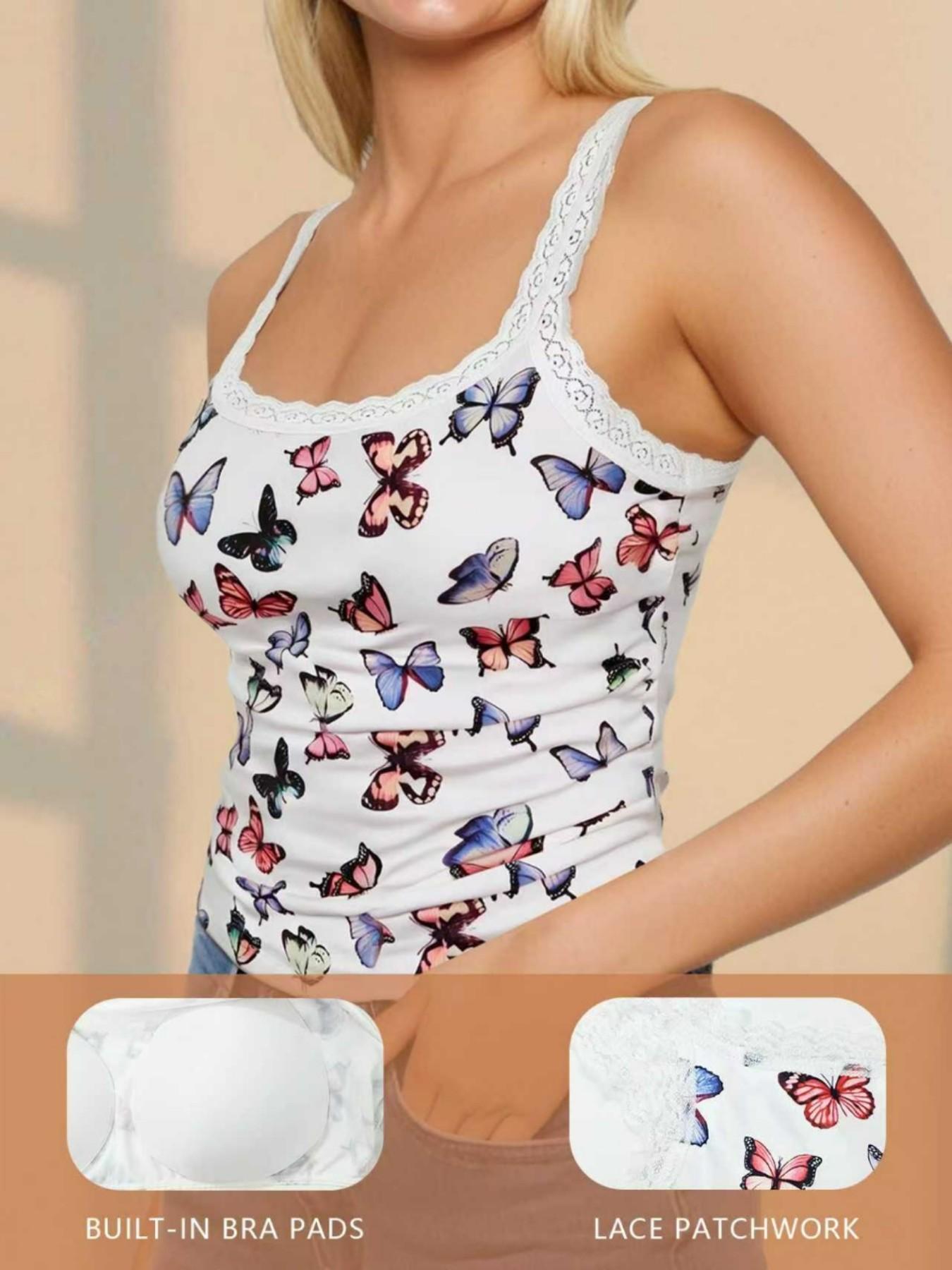 Butterfly Print Ribbed Slim-Fit Cami Top, Lace Trim Square Neck Cropped Tank, Stretchy Skin-Friendly Layering Shirt for Daily Wear & Loungewear