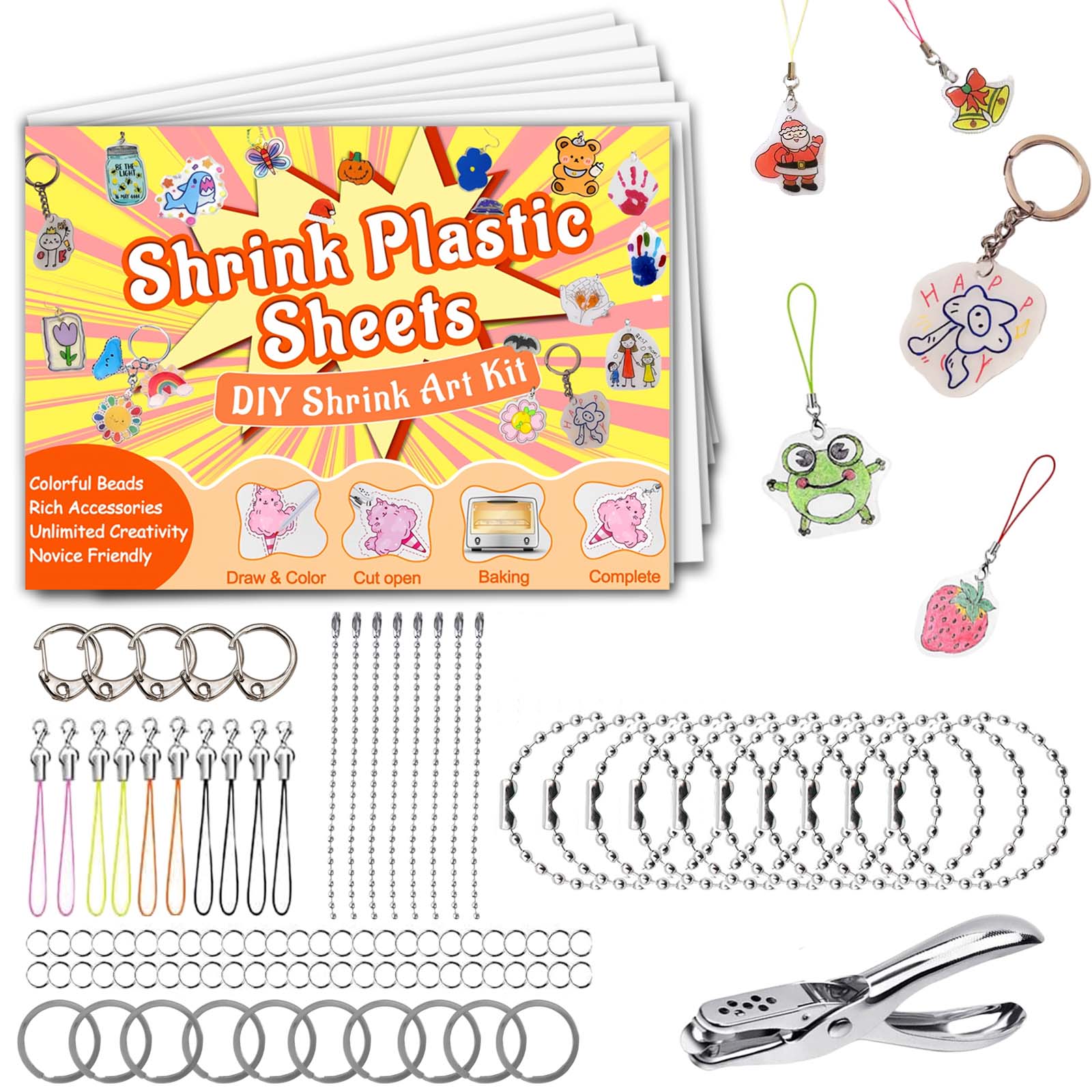 184pcs/200pcs Shrink Plastic Sheet Kit with Shrink Paper Keychain Set, 176pcs Keychains and Open Iron Rings, Handmade Keychain, Christmas Gift