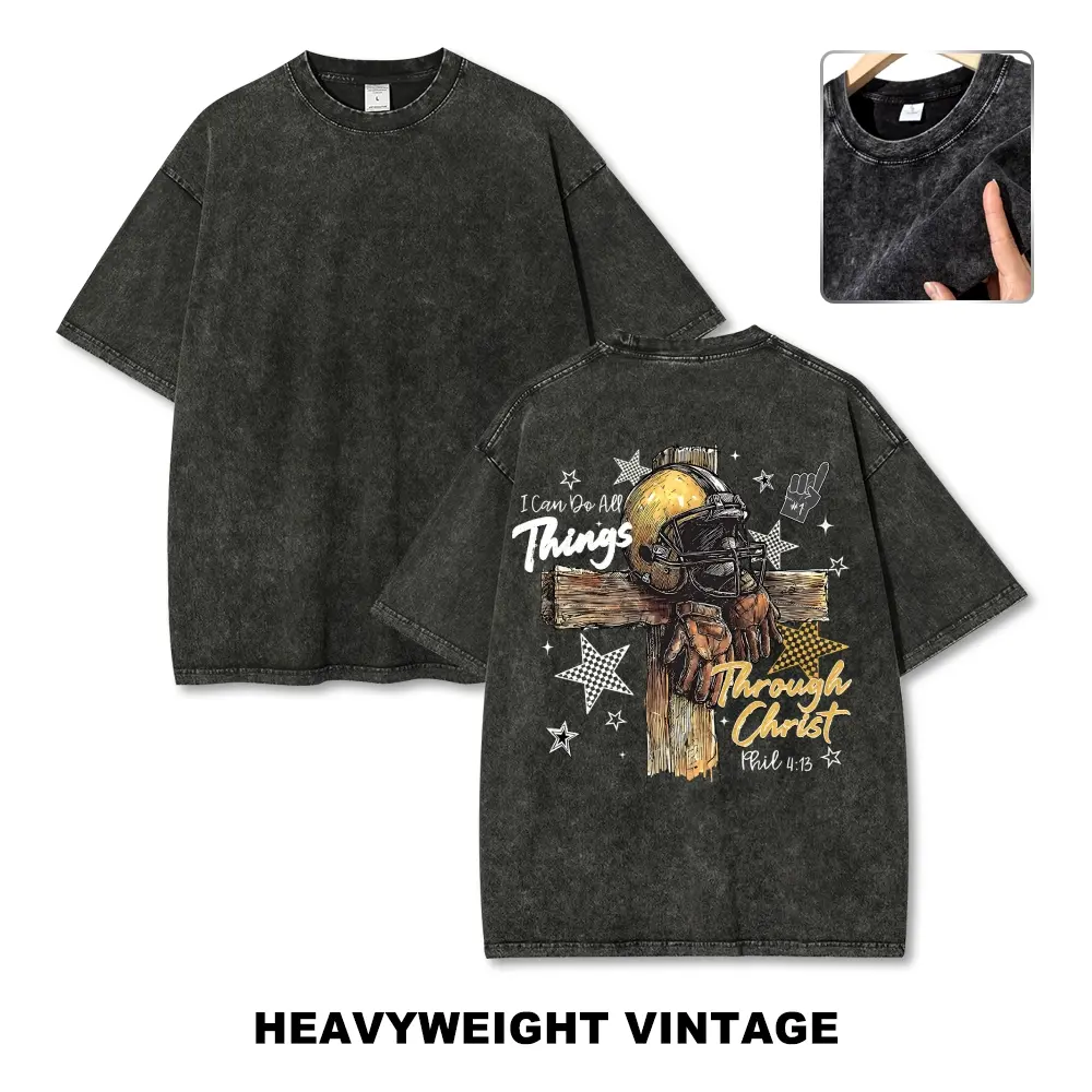 Retro Acid Wash Christian Football T Shirt Cross Helmet Phil 4 13 Graphic Tee Oversized Vintage Faith Based Game Day Unisex Top