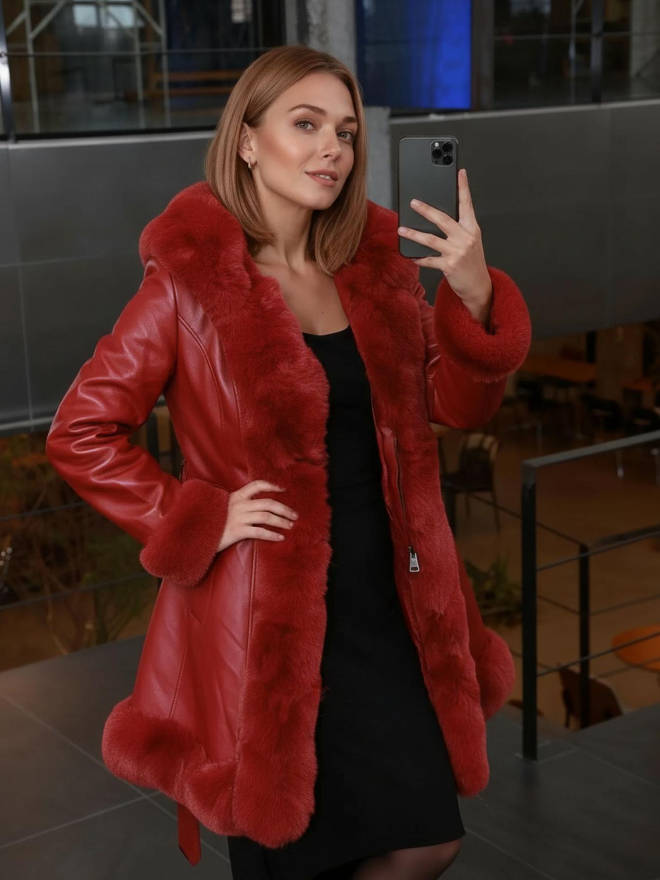 Giolshon Women's Fall & Winter PU Long Jackets, Warm Basic Casual Hooded Fitted Coats with Detachable Belt and Faux Fur, Everyday Stylish Aesthetic Outerwear Womenswear