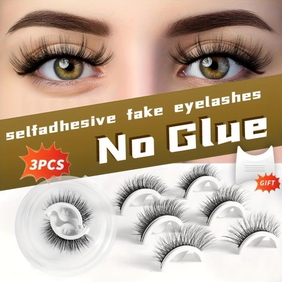 Self-Adhesive False Eyelashes Set of 3 Pairs, Pre-Glued Reusable Lashes, Cat Eye, Natural, Cross, Fluffy, Extra Thick, B/c Curl, 6-15mm, Cosmetic
