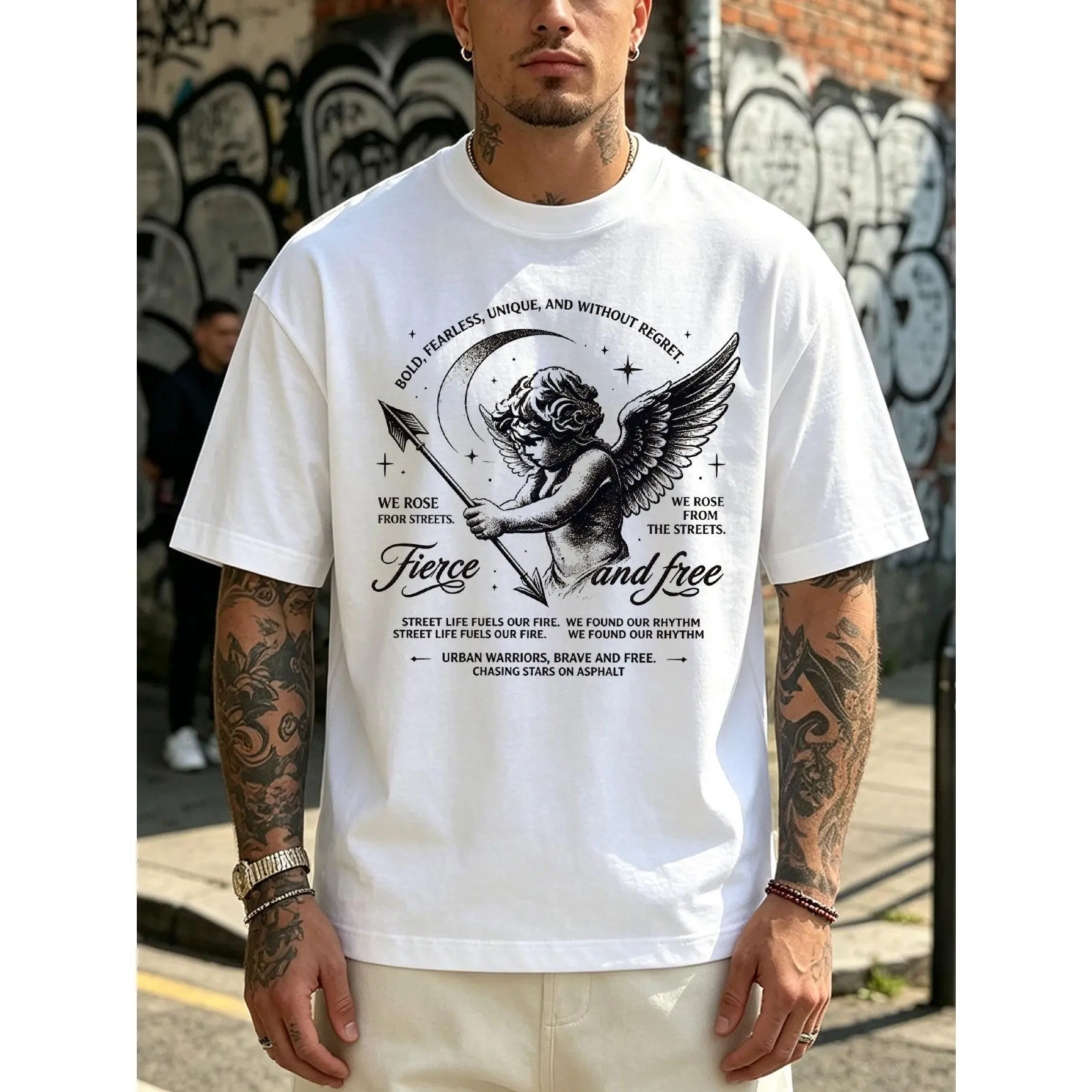 Men's Vintage Cupid Bold Graphics Menswear Short-Sleeve Cotton Tee - Retro Streetwear Relaxed Fit Round Neck Top, All Seasons Casual Sports Wear, Machine Washable, True Sizes