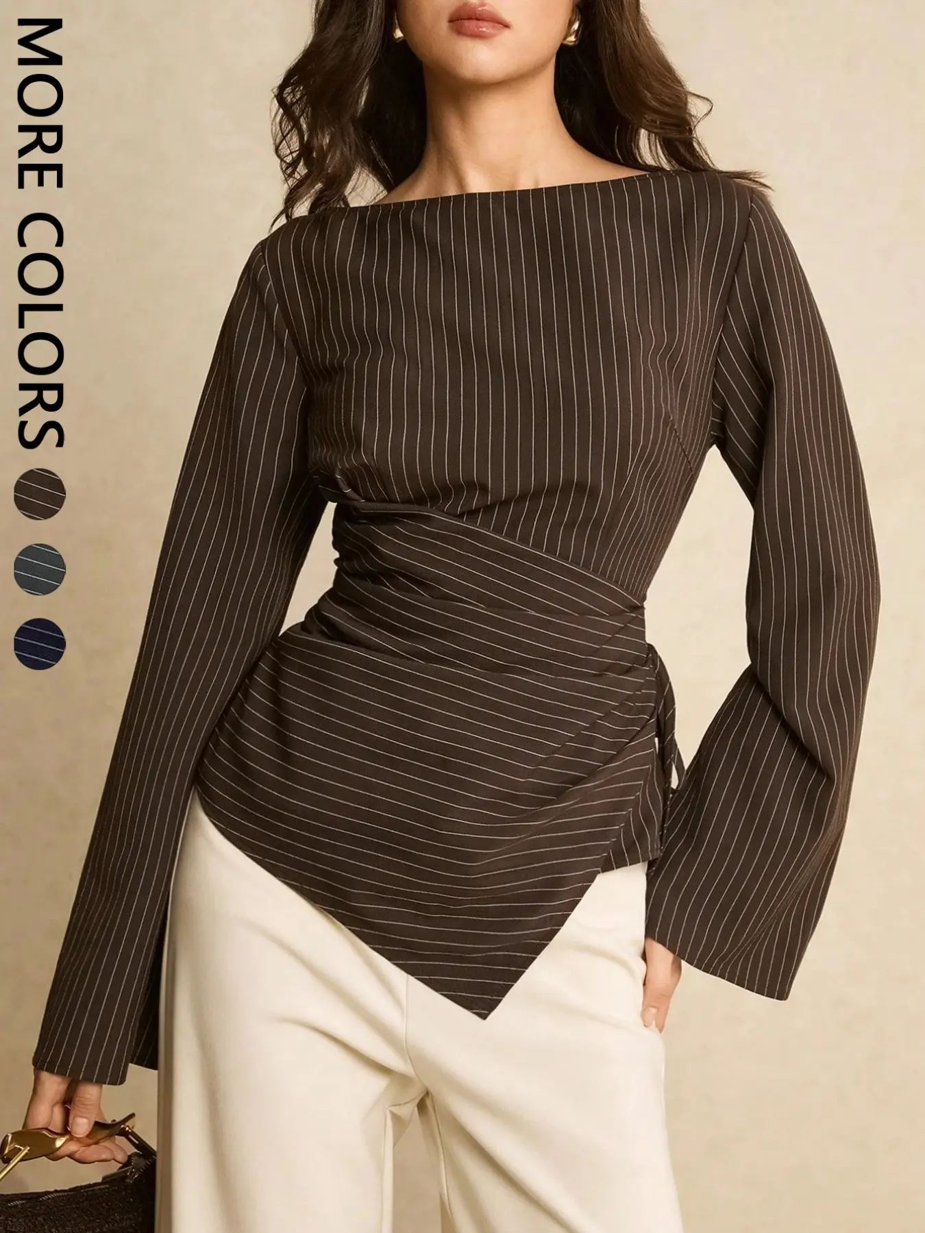 Elegant Women's One-Shoulder Bell Sleeve Wrap Top, Waist Cinch Tie Wrinkle Slim Asymmetrical Hem Short Coat, Office Casual Fashion Shirt