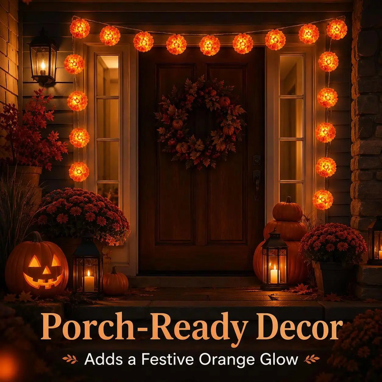 3M Day of the Dead Plastic Marigold String Lights - 20 LED Cempasuchil Floral Garland, Exclusive Design, Battery-Powered Orange Flashing Fairy Lights for Ofrenda Altar, Halloween Porch Decor