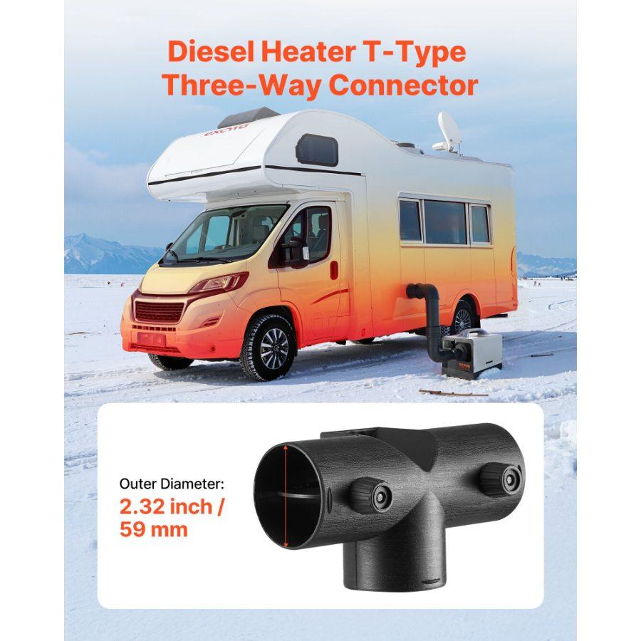 VEVOR Diesel Heater Connector, 2.32 inch Diesel Heater Duct Connector Accessories, T-shape 3 Way Air Vent Connectors with 2 90 Rotatable Valves, Black Joint Connectors for 2KW Diesels Heaters