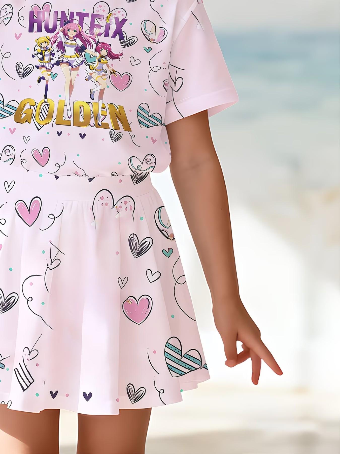 Girls' 3D Heart Cartoon Print Top and Skirt Set, Summer Casual Two-Piece, Round Neck Short Sleeve, Daily Wear